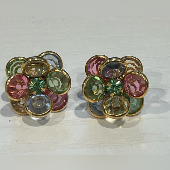 Pair Pierced Earrings Gold tone Crystal? Pink,blue, green, shiny like rhinestone - Picture 2 of 5